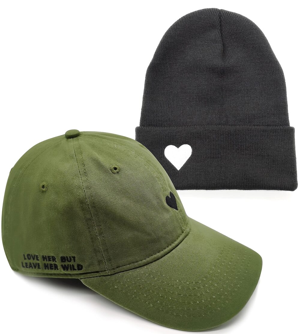 9950 Poetry Dad Hat Heart Green and Cuffed Beanie Heart Dark Gray - Unisex